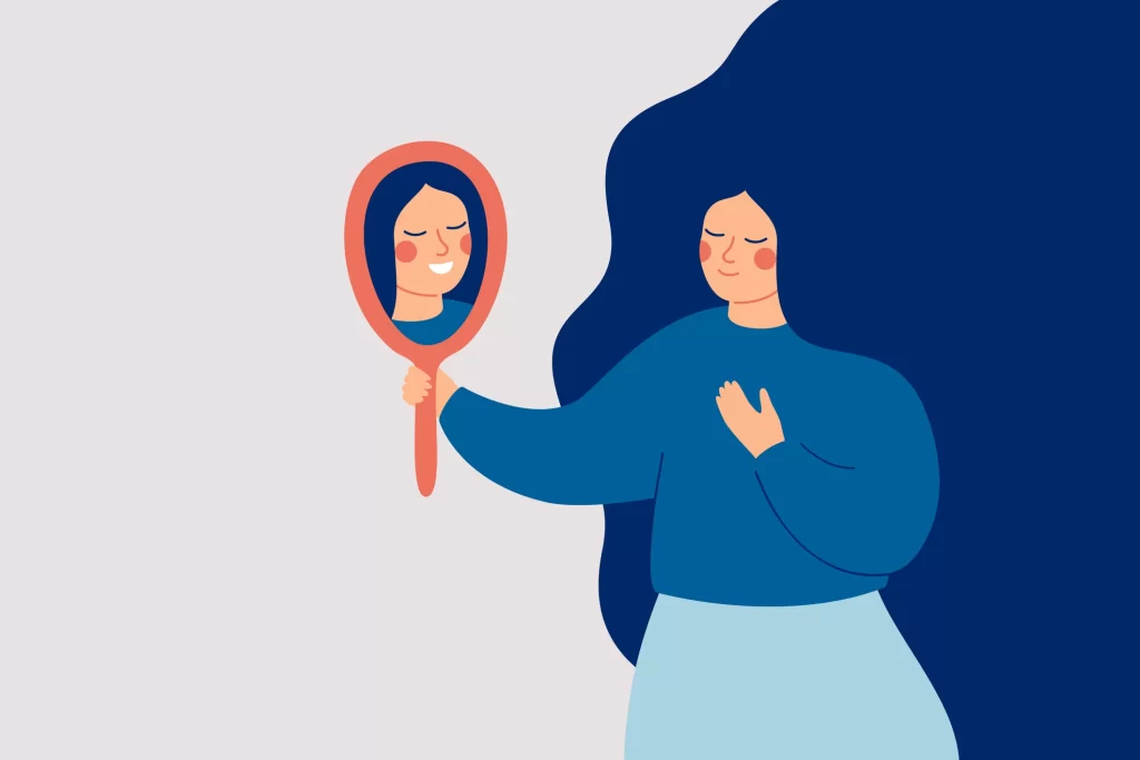 Illustration of a Woman looking into a handheld mirror and smiling