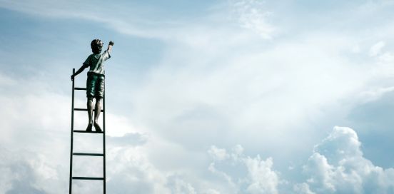boy climbing a ladder to the sky