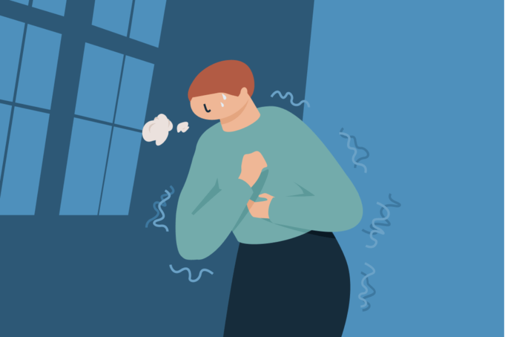 Illustration depicting a person having a panic attack, trembling and heavy breathing.